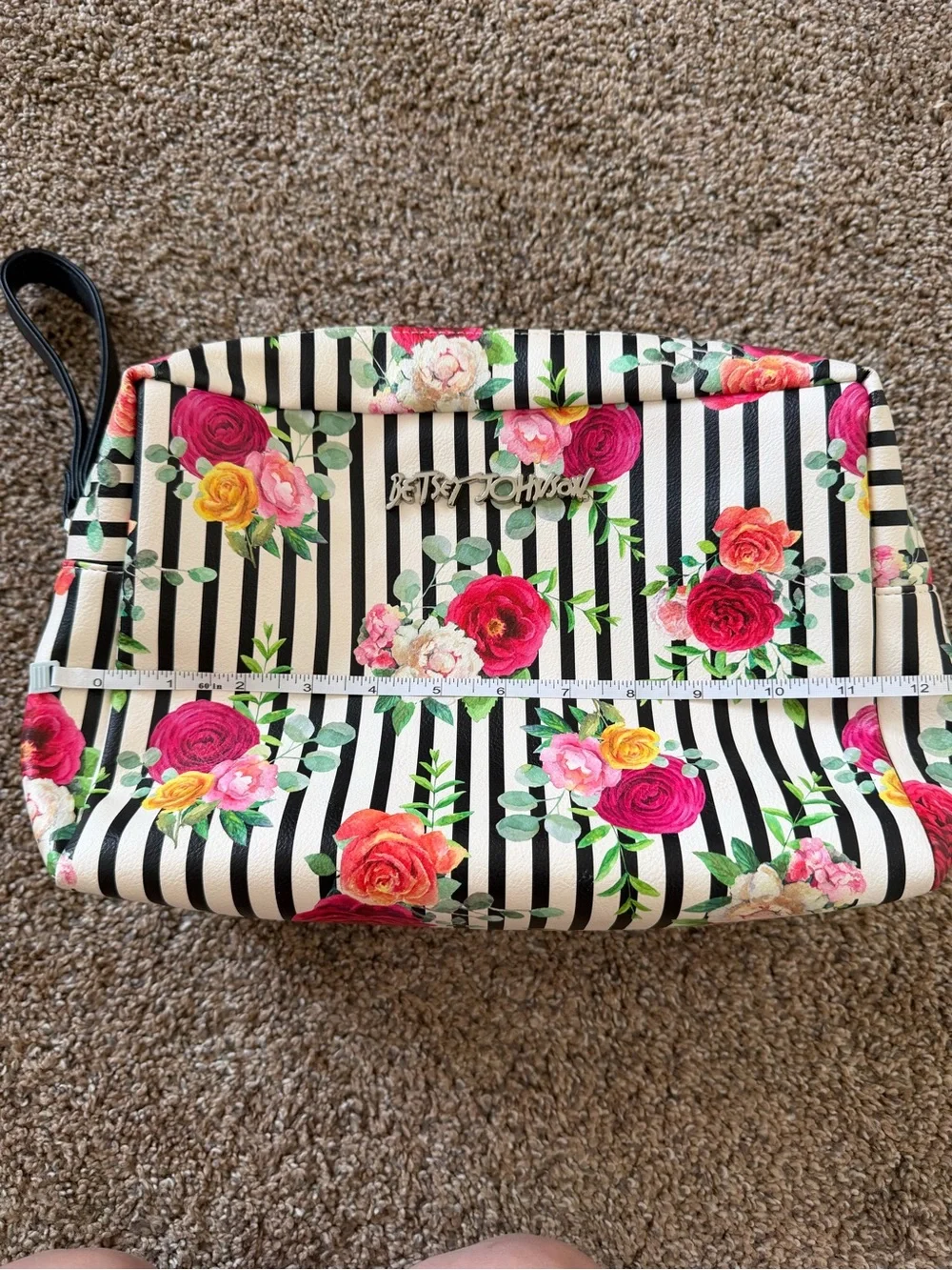 BETSEY JOHNSON Black & White Stripe Pink Floral Large Pouch Double ZipTravel Bag